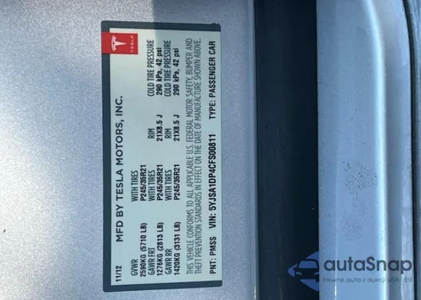 2012 Tesla Model S z USA, uszkodzony, nr VIN 5YJSA1DP4CFS00811